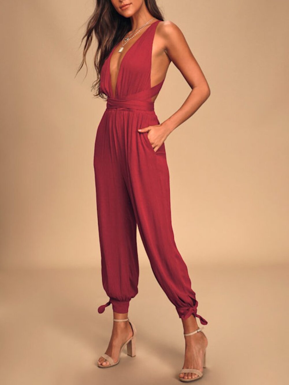 Lulus Lolinda Berry Red Convertible Halter Jumpsuit - Size M